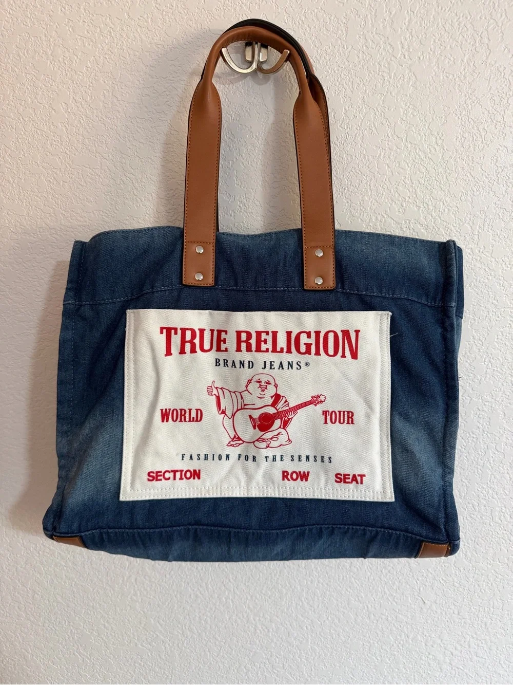 True Religion Denim Tote Bag in Blue with Tan Handles